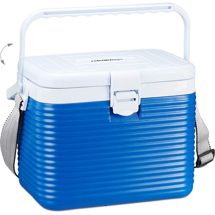 Relaxdays kleine Kühlbox, mit Griff, Tragegurt, Kunststoff Kühltasche, ohne Strom, 8 l, HBT 23,5 x 31 x 21 cm, weiß-blau