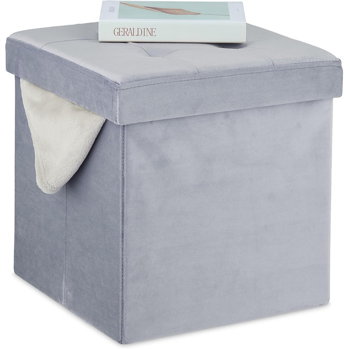Relaxdays Sitzhocker Samt, mit Stauraum, gepolstert, faltbar, 38x38x38 cm, grau