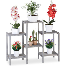 Relaxdays Blumentreppe Holz, Shabby Chic, 7 Ablagen, 86x95x29 cm, grau, Medium