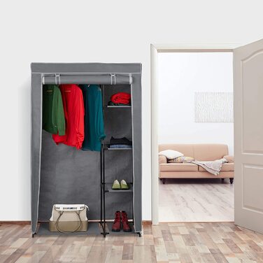 Relaxdays Stoffschrank mit Kleiderstange & 5 Ablagen, Faltschrank mit Reißverschluss, HBT: 161x105,5x45cm, anthrazit