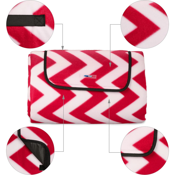 Relaxdays XXL Picknickdecke, 200x300 cm, isolierte Unterseite, Tragegriff, Fleece Stranddecke, Zickzack, weich, rot/weiß