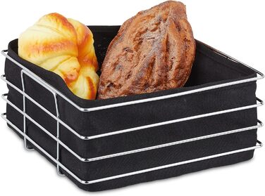 Relaxdays Brotkorb Metall, Stoffeinsatz, modern, Edelstahl, HBT 10,5x23x23 cm, schwarz