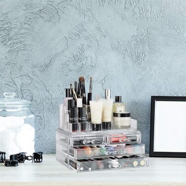 Relaxdays 1 x Make Up Organizer mit 4 Schubladen, Kosmetik Halter Nagellack u. Lippenstift, Acryl Make Up Kit, transparent