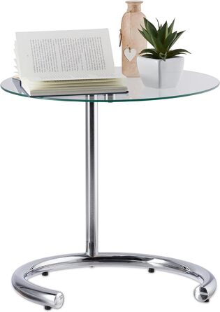 Relaxdays, Silber Kaffeetisch höhenverstellbar bis 70 cm, runder Wohnzimmertisch, verchromter Stahl, Glasplatte 46 cm Ø, Standard