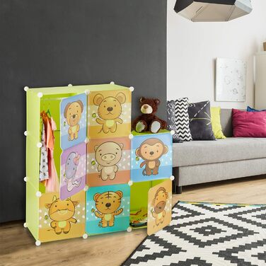 Relaxdays Kinderregal mit Tiermotiv, Kunststoff Steckregal m. Türen, Kinderzimmer Kleiderschrank m. Kleiderstange, bunt, 37 x 74 x 145 cm