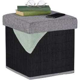 Relaxdays faltbarer Sitzhocker mit Stauraum, gepolstert, Bambus, 36x35x35 cm, Schwarz/Grau