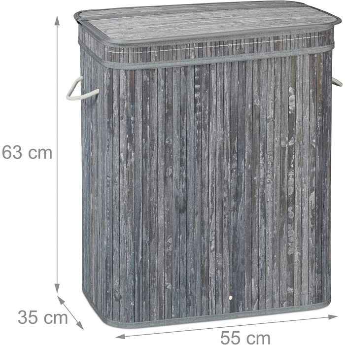 Relaxdays Wäschekorb Bambus, rechteckiger Wäschesortierer, 2 Fächer, Klappdeckel, faltbar, 95 l, (Grau)