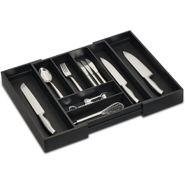 Relaxdays Besteckkasten, Bambus, HBT 6,5 x 35-58 x 43,5 cm, 6-8 Fächer, schwarz