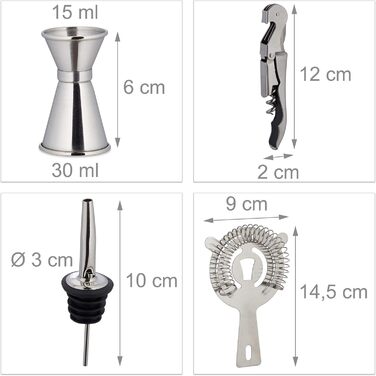 Relaxdays 9-tlg. Cocktail Set, Profi Barkeeper Set mit Ständer, Shaker, Barmaß, Ausgießer, Eiszange