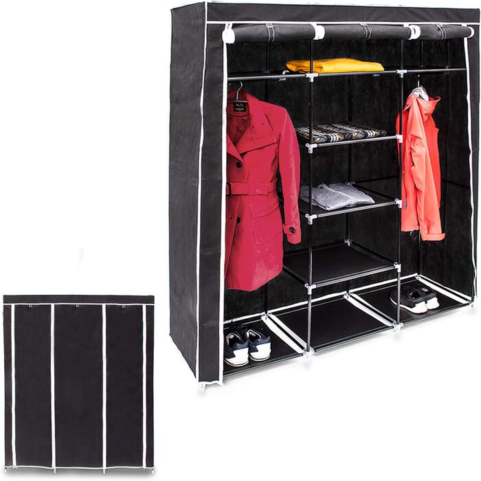 Relaxdays  x Faltschrank Valentin XXL, Stoffschrank, 2 Kleiderstangen, 9 Ablagen, Kleiderschrank, HBT 73 x 48 x 42,5 cm,     Stück (1, Schwarz, Weiß, 173 x 148 x 86 cm)