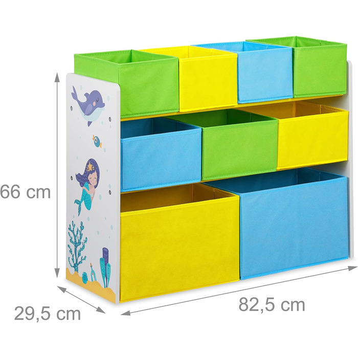 Relaxdays Kinderregal mit 9 Stoffboxen, Meerjungfrau Kindermotiv, Spielzeugregal Organizer HBT 66 x 82,5 x 29,5 cm, bunt, 1 Stück