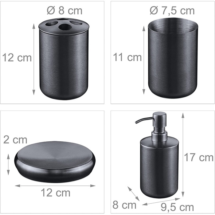 Relaxdays Badezimmer Set, 4-teilig, Seifenspender, Seifenschale, Zahnputzbecher, Zahnbürstenhalter, Edelstahl, anthrazit 1003