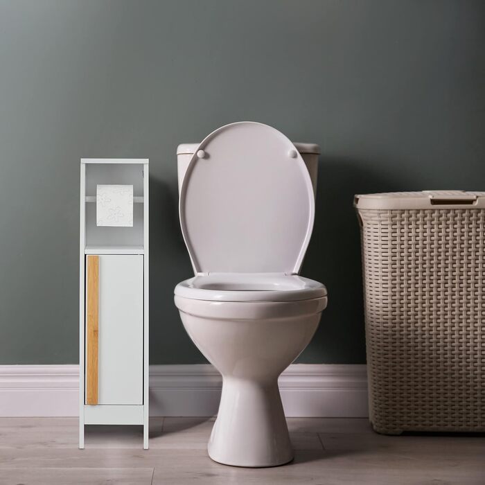Relaxdays Toilettenpapierhalter stehend, Badezimmeregal HBT 75,5 x 18,5 x 18,5 cm, MDF & Bambus, WC Papier Schrank, weiß
