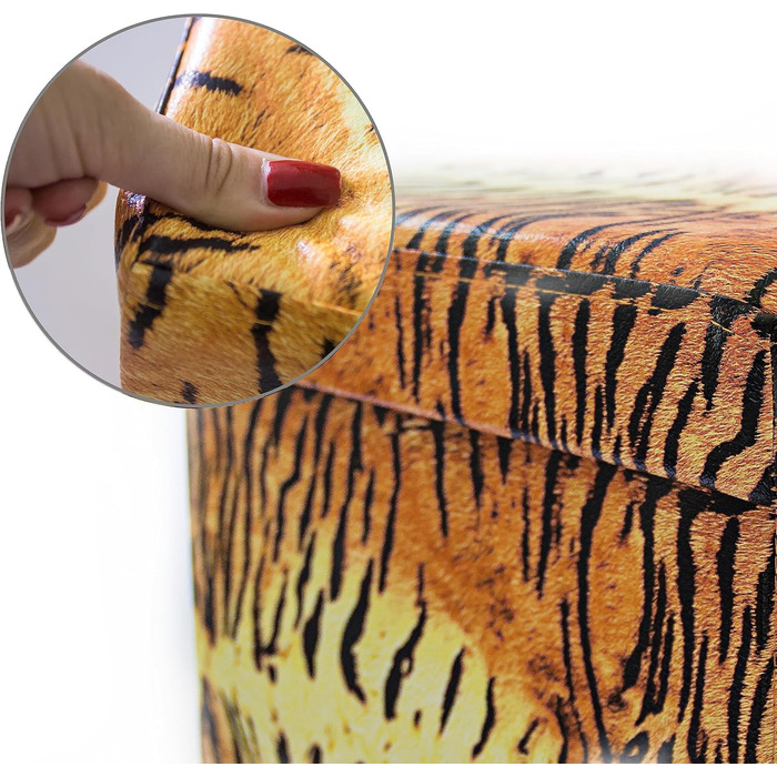 Relaxdays Faltbarer Sitzhocker 38 cm, stabil, trendige Motive, Kunstleder, Stauraum, Deckel, Tiger gelb