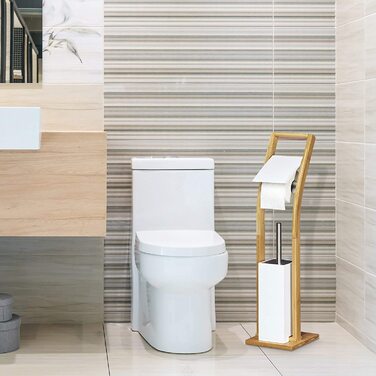 Relaxdays Stand WC Garnitur Holz HBT 75 x 19 x 19 cm Toilettenbürstenhalter aus Bambus mit Toilettenpapierhalter und Klobürst