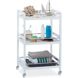 Relaxdays Servierwagen Bambus, 3 Ablagen, 360° Rollen, Edelstahl-Stangen, HBT: 76,5x46x38 cm, weiß