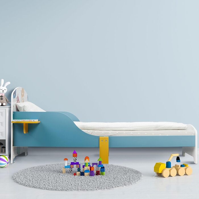 Relaxdays Kinderbett, HBT: 60x94x143 cm, Kleinkindbett mit Ablage, Rausfallschutz, Lattenrost, Monster-Motiv, MDF, bunt
