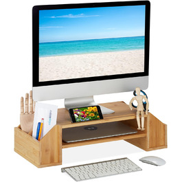 Relaxdays Monitorständer Bambus, Ablagen & Fächer, 16x57,5x25 cm, Bildschirmständer Natur