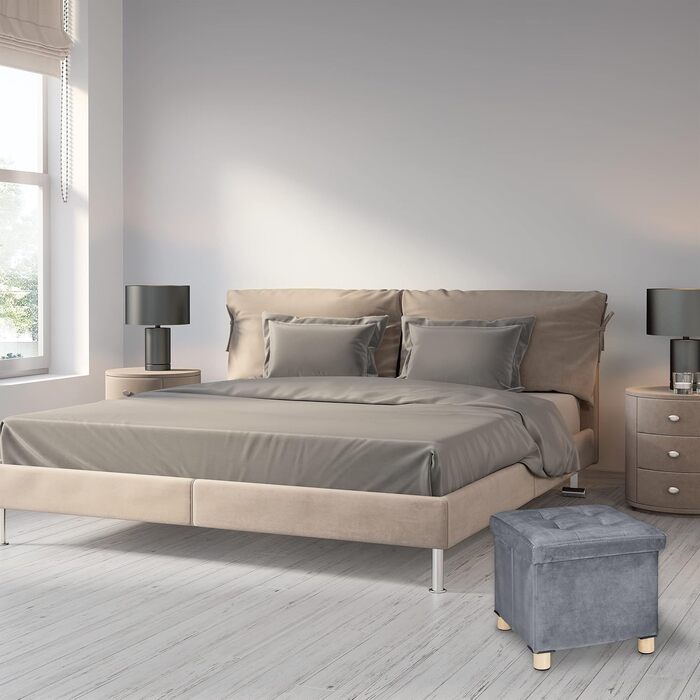 Relaxdays Samthocker mit Stauraum, Tablett, Holzbeine, eckig, HBT: 35x38x38 cm, Holz (Hellgrau)