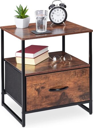Relaxdays Nachttisch Industrial, 2 Ablagen, Schublade, Metall & MDF, 50x45x40cm, schwarz/braun