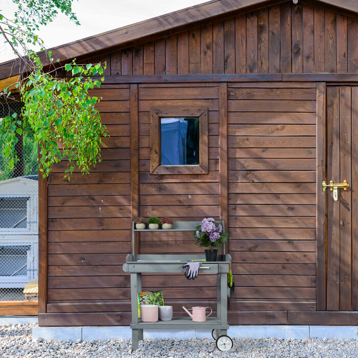 Relaxdays Grauer Pflanztisch mit Rollen