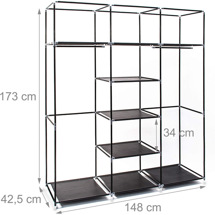 Relaxdays  x Faltschrank Valentin XXL, Stoffschrank, 2 Kleiderstangen, 9 Ablagen, Kleiderschrank, HBT 73 x 48 x 42,5 cm,     Stück (1, Schwarz, Weiß, 173 x 148 x 86 cm)