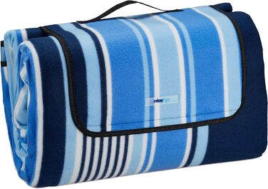 Relaxdays XXL Picknickdecke, 200x300 cm, wasserdichte Unterseite, Tragegriff, Fleece Isolierdecke, gestreift, blau-weiß