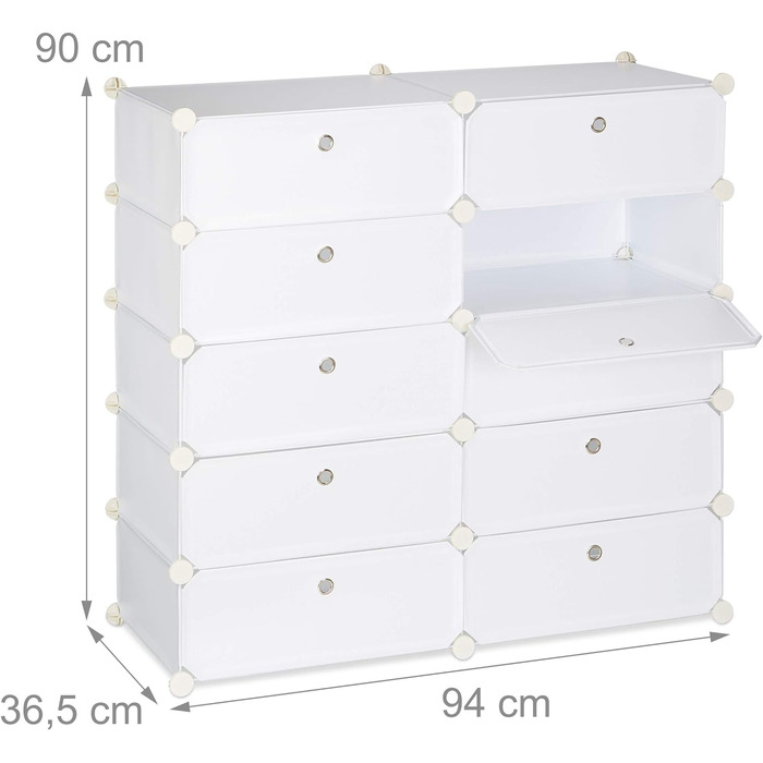 Relaxdays Schuhschrank mit 10 Fächern, Schuhregal groß, Steckregal Kunststoff, DIY, HxBxT ca. 90 x 94 x 37 cm, weiß
