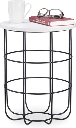 Relaxdays, weiß-schwarz runder Beistelltisch mit Metallkorb, dekorativer Couchtisch, Wohnzimmertisch modern, 45cm hoch, Design B