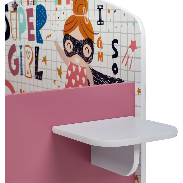 Relaxdays Kinderbett, HBT 60 x 94 x 143 cm, Kleinkindbett mit Ablage, Rausfallschutz, Lattenrost, Superheldin, MDF, bunt