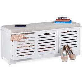 Relaxdays Sitzbank mit Stauraum, 3 Körbe & Sitzkissen, Landhausstil, 44x105x35 cm, weiß