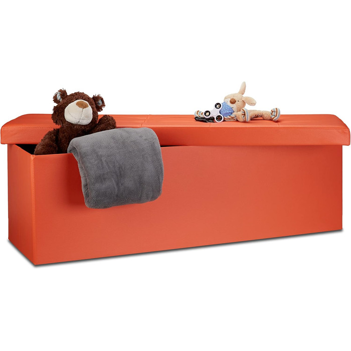 Relaxdays Faltbare Sitzbank XL Kunstleder, 38x114x38 cm, Sitztruhe mit Stauraum, Orange