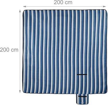Relaxdays XXL Picknickdecke, 200 x 200 cm, Fleece Stranddecke, wärmeisoliert, wasserdicht, mit Tragegriff, blau/weiß